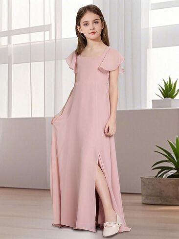 Square Neck Junior Bridesmaid Dresses Girls Formal Chiffon Flower Girl Dress Long Party Gown with Leg Slit in Saudi Arabia