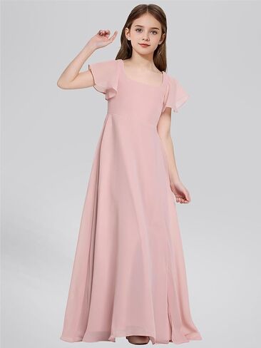 Square Neck Junior Bridesmaid Dresses Girls Formal Chiffon Flower Girl Dress Long Party Gown with Leg Slit in Saudi Arabia