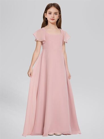 Square Neck Junior Bridesmaid Dresses Girls Formal Chiffon Flower Girl Dress Long Party Gown with Leg Slit in Saudi Arabia