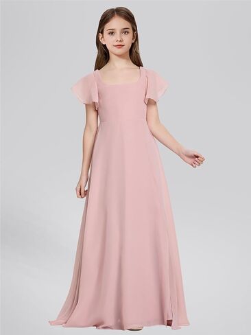Square Neck Junior Bridesmaid Dresses Girls Formal Chiffon Flower Girl Dress Long Party Gown with Leg Slit in Saudi Arabia