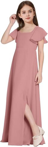 Square Neck Junior Bridesmaid Dresses Girls Formal Chiffon Flower Girl Dress Long Party Gown with Leg Slit in Saudi Arabia