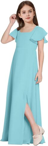 Square Neck Junior Bridesmaid Dresses Girls Formal Chiffon Flower Girl Dress Long Party Gown with Leg Slit in Saudi Arabia