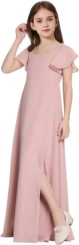 Square Neck Junior Bridesmaid Dresses Girls Formal Chiffon Flower Girl Dress Long Party Gown with Leg Slit in Saudi Arabia