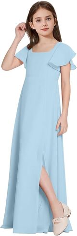 Square Neck Junior Bridesmaid Dresses Girls Formal Chiffon Flower Girl Dress Long Party Gown with Leg Slit in Saudi Arabia