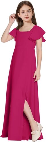 Square Neck Junior Bridesmaid Dresses Girls Formal Chiffon Flower Girl Dress Long Party Gown with Leg Slit in Saudi Arabia
