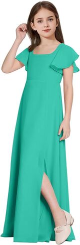 Square Neck Junior Bridesmaid Dresses Girls Formal Chiffon Flower Girl Dress Long Party Gown with Leg Slit in Saudi Arabia