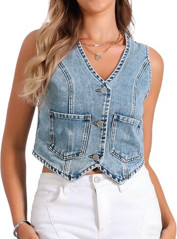 Allegra K Women's Denim Vest Sleeveless Crop Denim Top Button Down Waistcoat Streetwear Y2K Western Jean Vests in Saudi Arabia