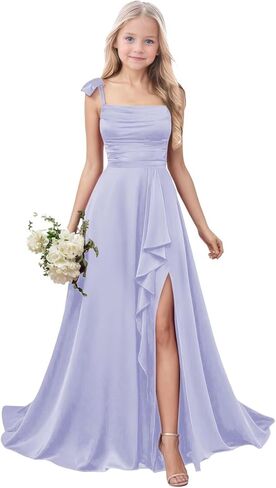 فساتين وصيفة الشرف للصغار من الساتان لحفلات الزفاف ذات الأشرطة السباغيتي فستان فتاة الزهور في سن المراهقة فستان رسمي in Kuwait