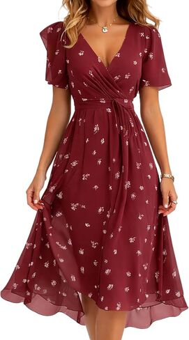 Summer Dresses for Women 2026 Floral Chiffon Dress Casual Short Sleeve Empire Waist Midi Dress Beach Vacation Outfits in Saudi Arabia
