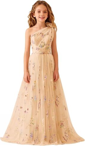 فساتين فتاة الزهرة من التول المطرز لحفلات الزفاف بكتف واحد، فستان وصيفة العروس للمراهقين in Kuwait