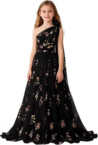 Embroidery Tulle Flower Girl Dresses for Wedding One Shoulder Prom Dress for Teens Junior Bridesmaid Dress in Saudi Arabia