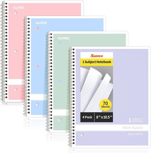 SUNEE Spiral Notebooks College Ruled, 1-Subject, 4 Pack, 8 x 10-1/2 in, 70 Sheets, 3-Hole Punched 70gsm Paper, Pastel Pink, Purple, Blue, Green for School, Home & Office, Writing Journal in Saudi Arabia