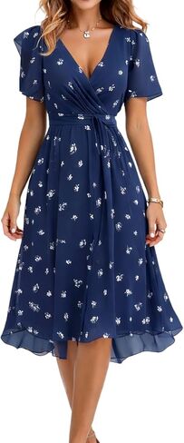 Summer Dresses for Women 2026 Floral Chiffon Dress Casual Short Sleeve Empire Waist Midi Dress Beach Vacation Outfits in Saudi Arabia