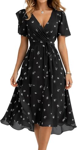 Summer Dresses for Women 2026 Floral Chiffon Dress Casual Short Sleeve Empire Waist Midi Dress Beach Vacation Outfits in Saudi Arabia
