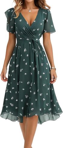 Summer Dresses for Women 2026 Floral Chiffon Dress Casual Short Sleeve Empire Waist Midi Dress Beach Vacation Outfits in Saudi Arabia