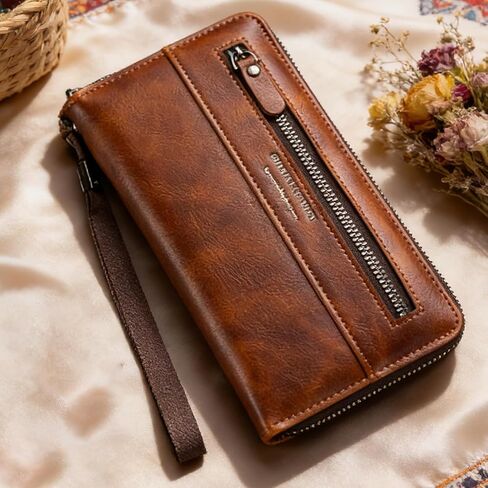 Men's Long Wallet, Single Zipper, Open Design, Embossed Pattern leather Texture, Compact Size, Waterproof, Business Style, Daily Match, Valentine Gift for Boyfriend Husband, Light Coffee in Saudi Arabia