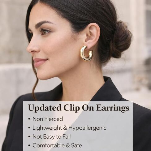 Clip on Earrings for Women,14K Gold Plated C Shape Chunky Statement Tube Hoop Clip Earrings for Non Pierced Ears Jewelry Gifts in Saudi Arabia