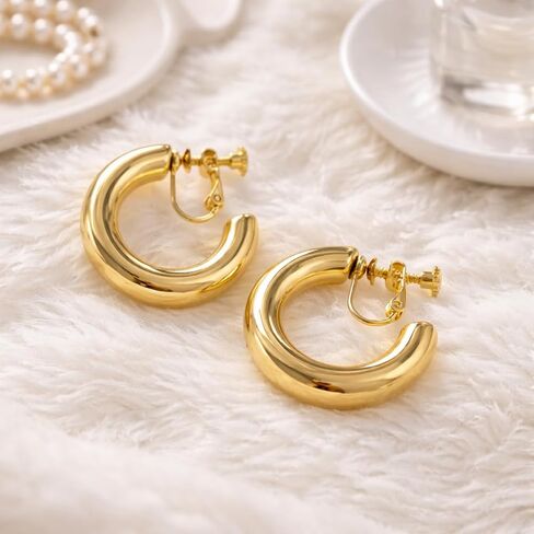 Clip on Earrings for Women,14K Gold Plated C Shape Chunky Statement Tube Hoop Clip Earrings for Non Pierced Ears Jewelry Gifts in Saudi Arabia
