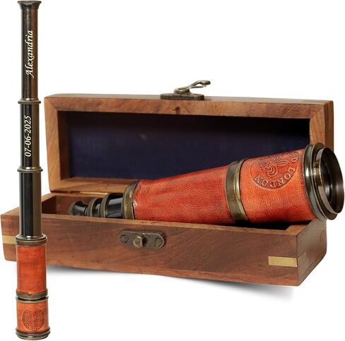 Vintage Brass Telescope with Leather Wrap & Wooden Box – Pirate Spyglass Telescope 15" – Antique Nautical Monocular for Collectors, Decor & Gifts in Saudi Arabia