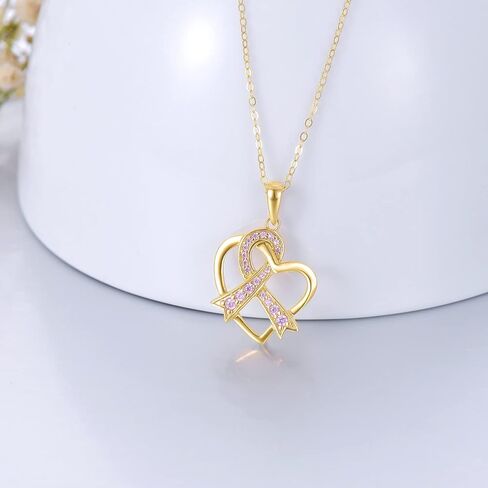 sisgem 14k الذهب البقاء على قيد الحياة الشريط القلب قلادة قلادة للنساء، الوعي الأمل المجوهرات الهدايا لها، 16 + 1 + 1 بوصة in Saudi Arabia
