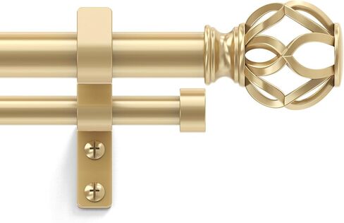 Double Curtain Rod 84 to 120 Inch, Gold Long Dual Curtain Rods with Decorative Aluminium Twisted Cage Finial, 1 Inch Adjustable Heavy Duty Telescopic Spliced Window Treatment Rods, All Metal in Kuwait