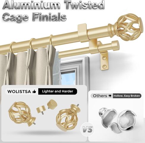 Double Curtain Rod 84 to 120 Inch, Gold Long Dual Curtain Rods with Decorative Aluminium Twisted Cage Finial, 1 Inch Adjustable Heavy Duty Telescopic Spliced Window Treatment Rods, All Metal in Kuwait
