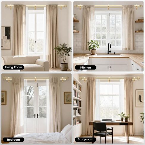 Double Curtain Rod 84 to 120 Inch, Gold Long Dual Curtain Rods with Decorative Aluminium Twisted Cage Finial, 1 Inch Adjustable Heavy Duty Telescopic Spliced Window Treatment Rods, All Metal in Kuwait