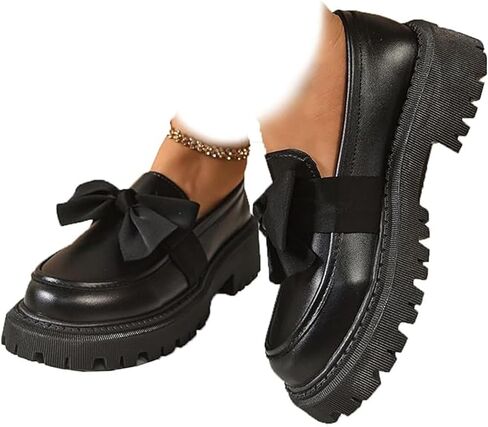 2026 New Women's Cute Bowknot Design Loafers Bowknot Slope Heel Chunky Heel Shoes Fashionable Solid Color Slip on Loafers Lightweight Business Office Walking Footwear in Saudi Arabia