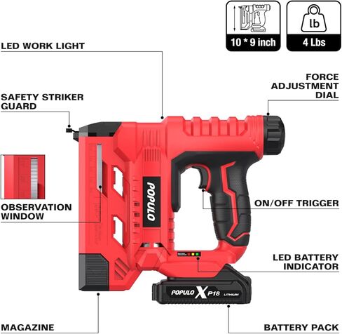 POPULO 20V Nail Gun Battery Powered, 18 Gauge 2 In 1 Cordless Brad Nailer Stapler for Carpentry and Upholstery, Electric Staple Gun Includes a 2.0Ah Battery, Charger, 1600 Pcs Staples and Nails in Kuwait