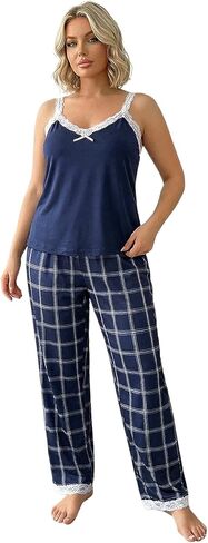 Women's Plus Size 2 Piece Lace Trim Pajama Set Summer Bow V Neck Cami Top and Plaid Pants Loungewear in Saudi Arabia