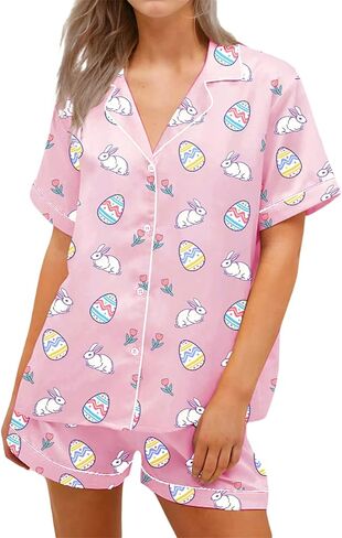 المرأة 2 قطعة بيجامة مجموعات عيد الفصح الأرنب البيض مجموعة تي شيرتات قصيرة للأطفال كم قصير زر قميص السراويل قطعتين عطلة الزي in Kuwait
