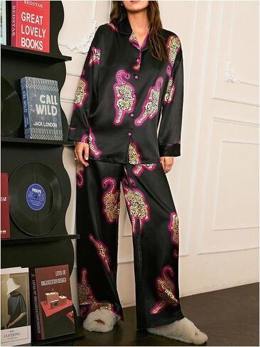 WDIRARA Women's Leopard Print Satin Pajama Set Long Sleeve Button Down Pants Pjs 2 Piece Sleepwear in Saudi Arabia