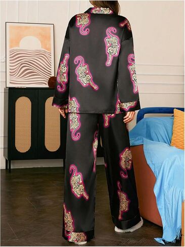 WDIRARA Women's Leopard Print Satin Pajama Set Long Sleeve Button Down Pants Pjs 2 Piece Sleepwear in Saudi Arabia