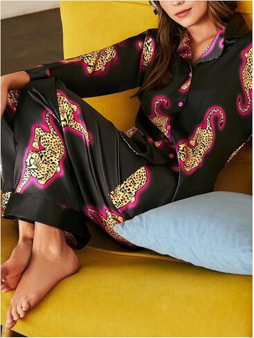 WDIRARA Women's Leopard Print Satin Pajama Set Long Sleeve Button Down Pants Pjs 2 Piece Sleepwear in Saudi Arabia
