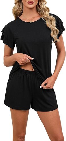 طقم بيجامة نسائي صيفي بأكمام قصيرة ورقبة دائرية وأكمام مكشكشة من Anjue in Kuwait