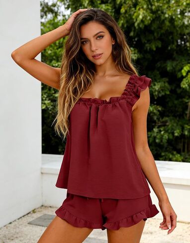 Womens Pajamas 2 Piece Ruffle Pjs Soft Tank Top and Shorts Sleepwear Bridal Pajama Set for Women Cute Loungewear in Saudi Arabia