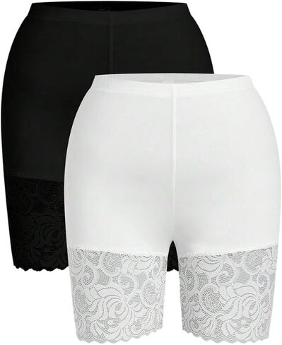 WDIRARA Women's Plus Size 2 Pack Lace Biker Shorts Leggings High Waisted Slip Shorts in Saudi Arabia