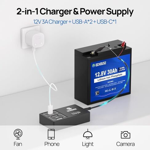 DC HOUSE 12V 30Ah Mini Lithium Battery with DC Output, 2 in 1 Multi-Port USB Charger: 12V Converter or 45W Max Lifepo4 Battery Charger, for Fish Finder, Camping, Ham Radio, Power Wheels, RV in Saudi Arabia