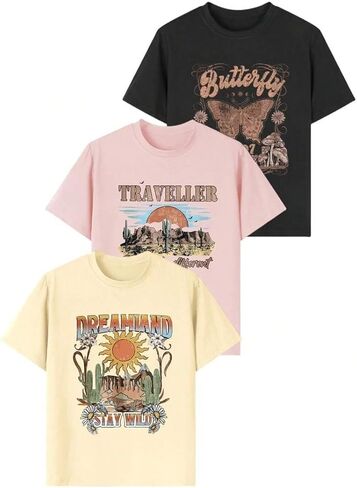Girls Graphic T-Shirt 3-Pack, Printed Short Sleeve Crewneck Tees for Kids 8–14 in Saudi Arabia