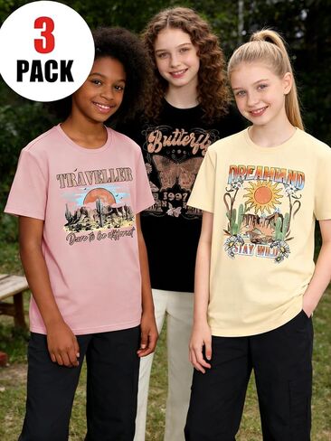 Girls Graphic T-Shirt 3-Pack, Printed Short Sleeve Crewneck Tees for Kids 8–14 in Saudi Arabia