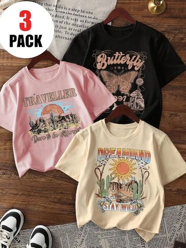 Girls Graphic T-Shirt 3-Pack, Printed Short Sleeve Crewneck Tees for Kids 8–14 in Saudi Arabia