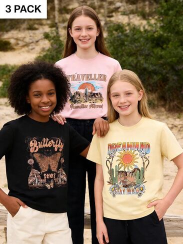 Girls Graphic T-Shirt 3-Pack, Printed Short Sleeve Crewneck Tees for Kids 8–14 in Saudi Arabia