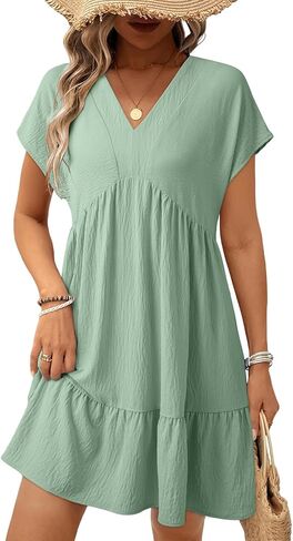 Acelitt Women's Summer Dresses 2026 Beach Casual Deep V Neck Loose Sundress Short Sleeve Mini Dress with Pockets(Size Down) in Saudi Arabia