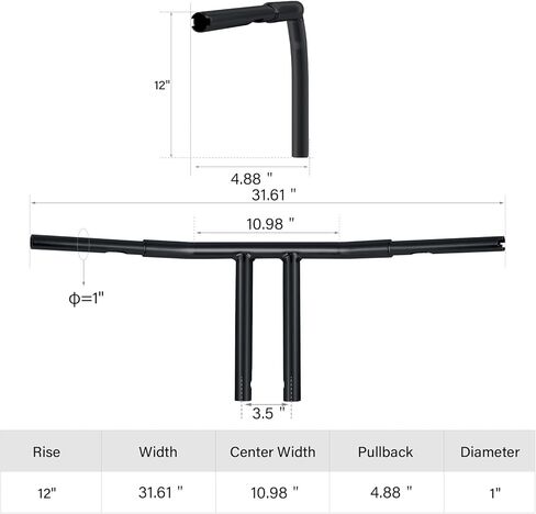 CUSTOM CHROME CCI 12" Rise 1 1/4" T Bar Handlebar Fit for Harley Softail 2000-2017 Dyna Street Bob 2006-2017 Fat Bob 2008-2017 Low Rider 2001-2005 Wide Glide 1999-2017 Road King FLHR 2003-2013 in Saudi Arabia