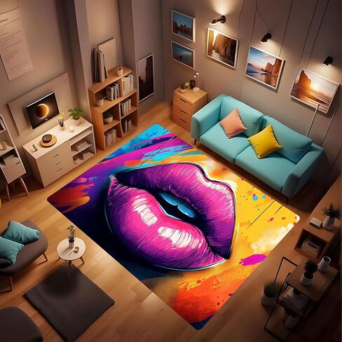سجادة منطقة عصرية متعددة الألوان - 24 × 36 بوصة، نمط الشفاه، يمكن غسلها في الغسالة، مقاومة للماء، للاستخدام الداخلي in Kuwait