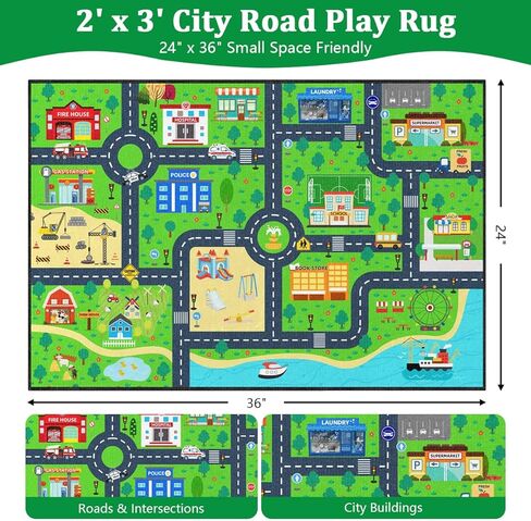 سجادة طريق للأطفال مقاس 2 × 3 أقدام - سجادة لعب خريطة طريق مسار السيارة، سجادة تعلم حركة المرور في المدينة، كومة منخفضة ناعمة مع ظهر من المطاط اللدن حراريًا مانع للانزلاق لغرفة اللعب in Kuwait