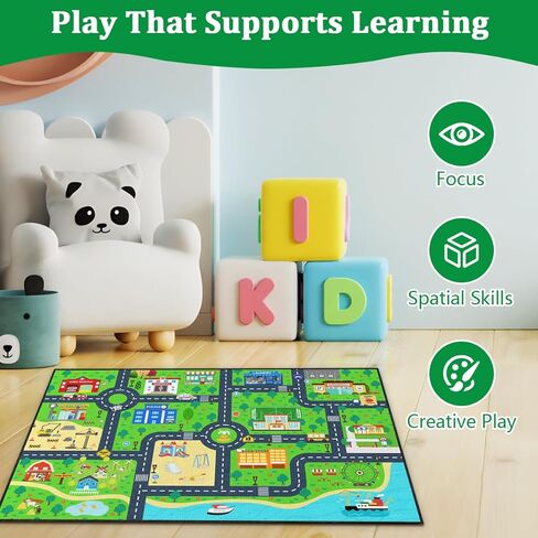 سجادة طريق للأطفال مقاس 2 × 3 أقدام - سجادة لعب خريطة طريق مسار السيارة، سجادة تعلم حركة المرور في المدينة، كومة منخفضة ناعمة مع ظهر من المطاط اللدن حراريًا مانع للانزلاق لغرفة اللعب in Kuwait