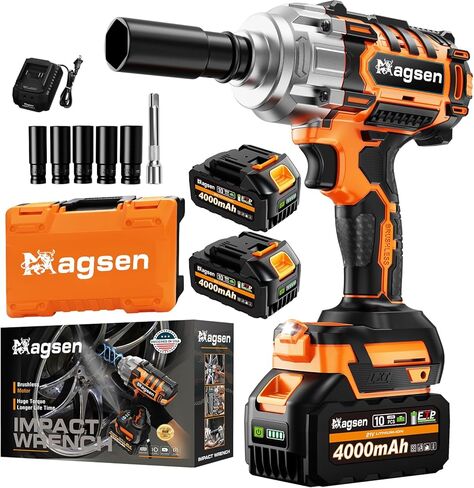 1/2" Cordless Impact Wrench, 900Ft-lbs (1200N.m) Brushless High Torque Impact Gun,3800RPM,3 Variable Speeds,LED Light,2x4000mAh Battery, 5 Sockets,Electric Impact Gun for Car/Mower/Pickup in Kuwait