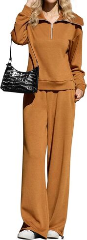 KFUBUO Women 2 Piece Fall Outfits Airport 2025 Wide Leg Pants Lapel Half Zip Sweatsuits Set Travel Casual Lounge Set in Kuwait
