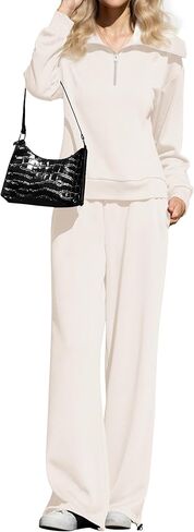 KFUBUO Women 2 Piece Fall Outfits Airport 2025 Wide Leg Pants Lapel Half Zip Sweatsuits Set Travel Casual Lounge Set in Saudi Arabia